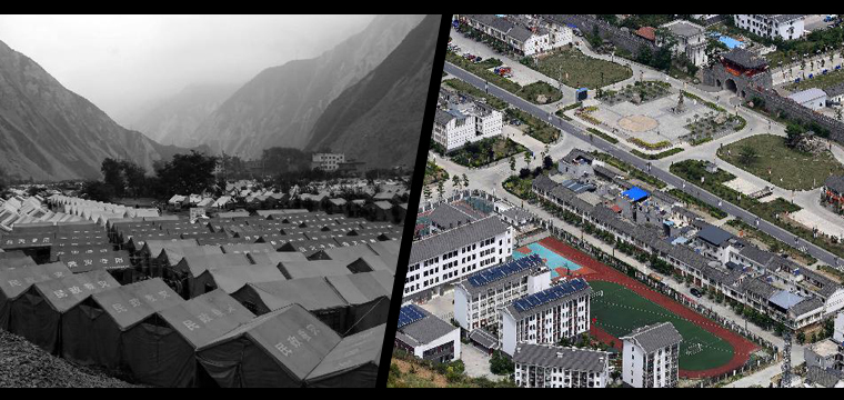 左图:2008年6月18日拍摄的四川省汶川县绵虒镇震后临时安置点(新华社记者海明威摄)。